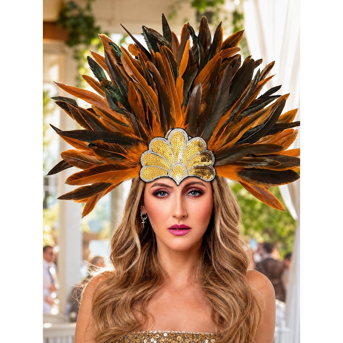 Carnival Headpiece with Orange Feathers lifestyle