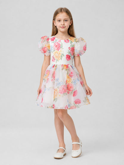 Children’s Dress with Floral Print and Puff Sleeves