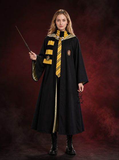 Wizard Hooded Robe Costume Set, Black and Yellow Striped Scarf, Tie, Wand and main product view
