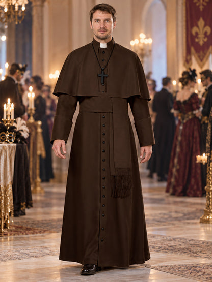 Brown Polyester Priest Costume with Cape and Belt