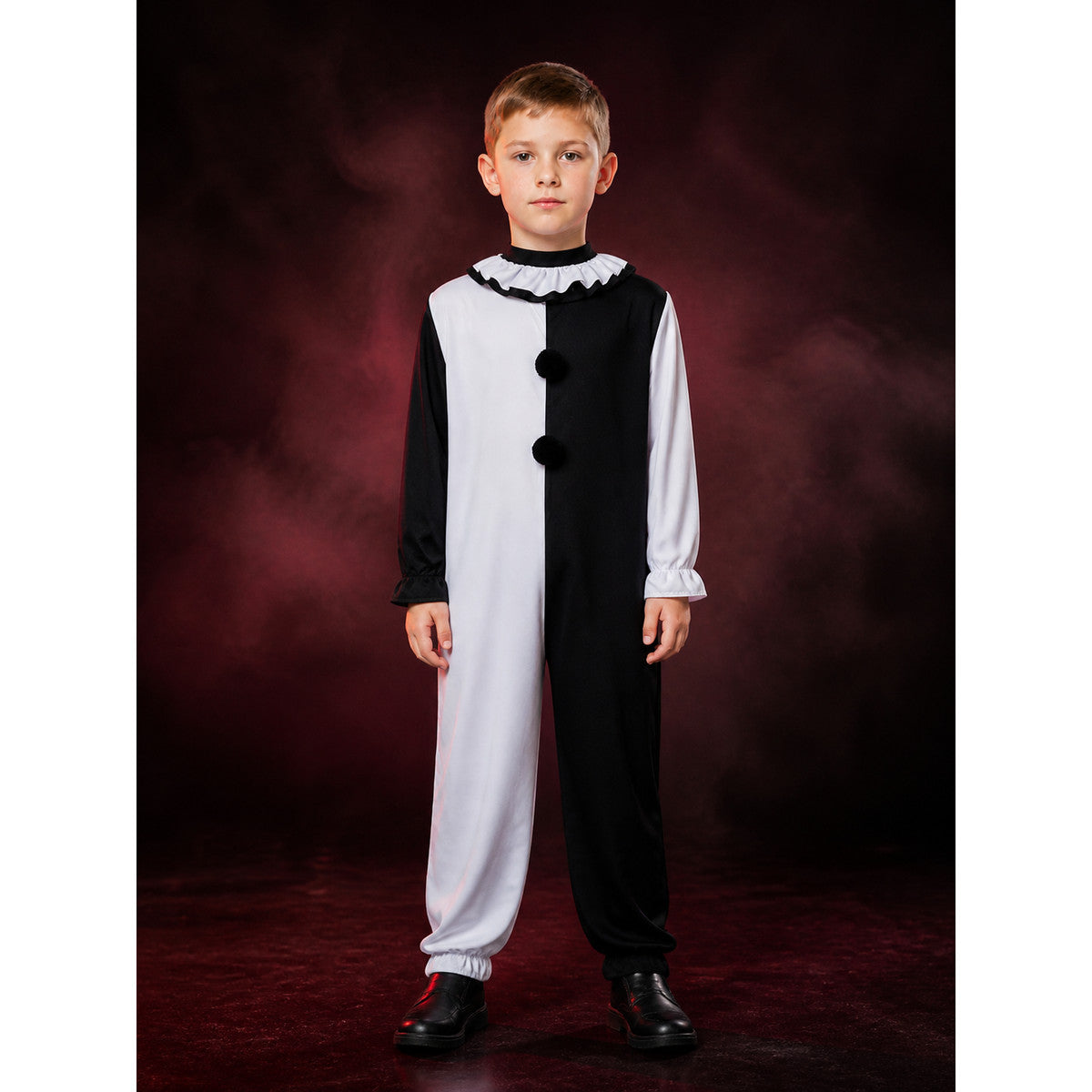 Full-length front view of the black and white split clown jumpsuit with frilled cuffs and elastic ankles