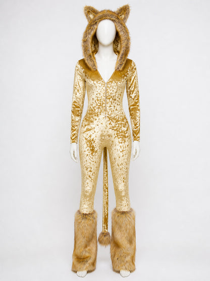 Golden Brown Hooded Animal Jumpsuit Costume with Plush Trim, Halloween Cosplay main product view