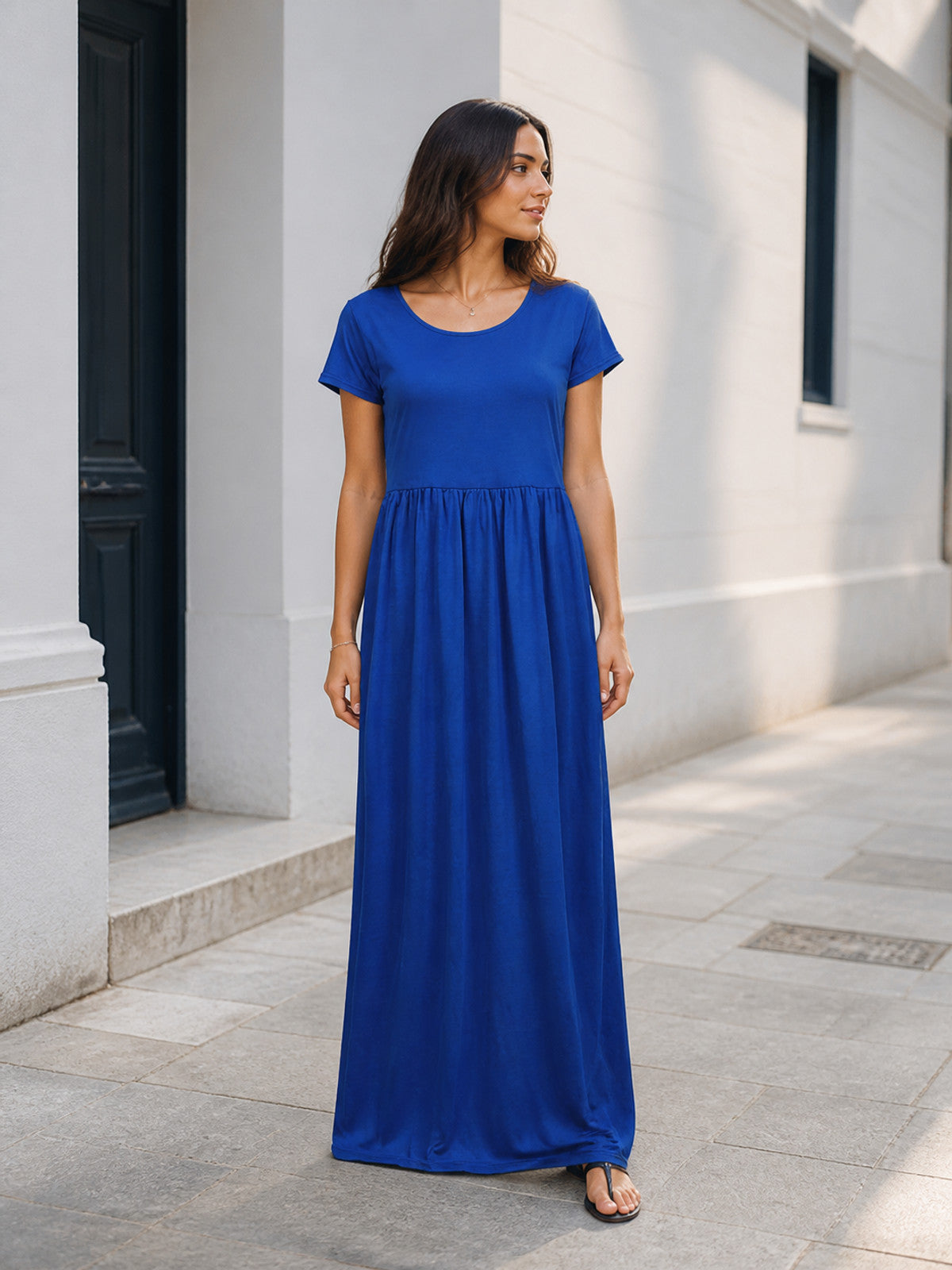 Women's Long Dress with Short Sleeves and Gathering Costume Dresses detail