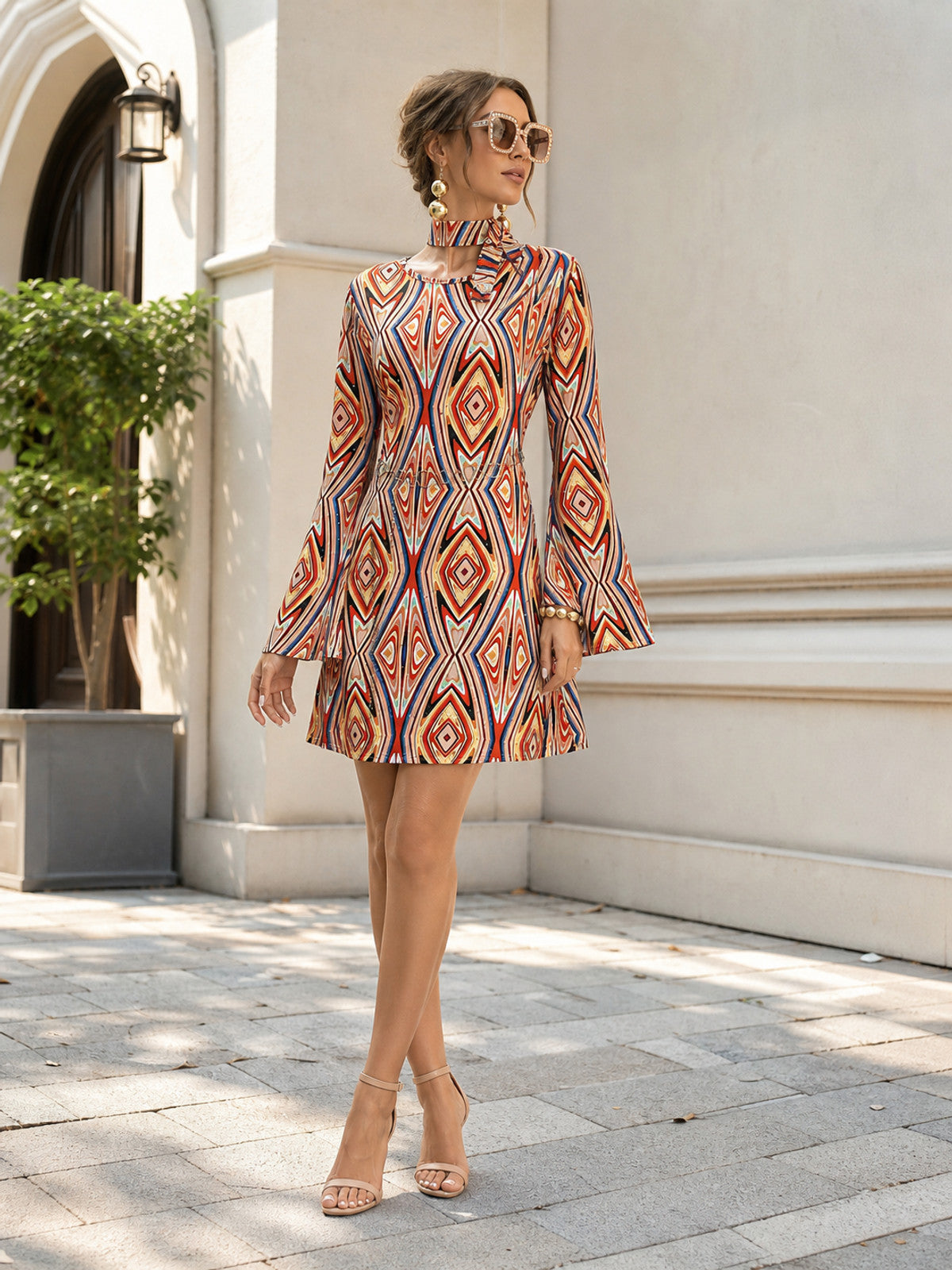 Women's dress with geometric print and headband