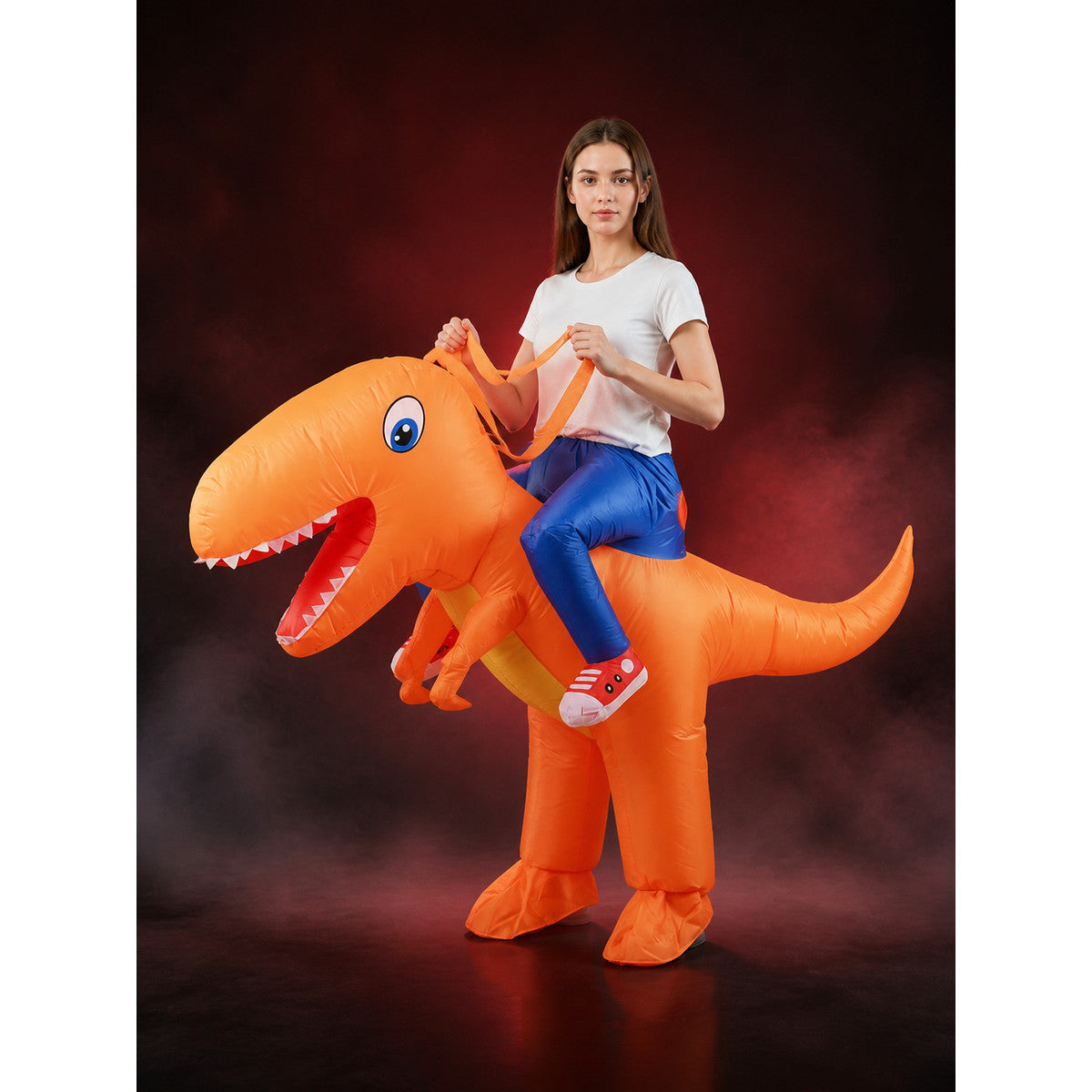 Ride-On Inflatable Dinosaur Costume, Orange Cartoon Halloween Outfit main product view