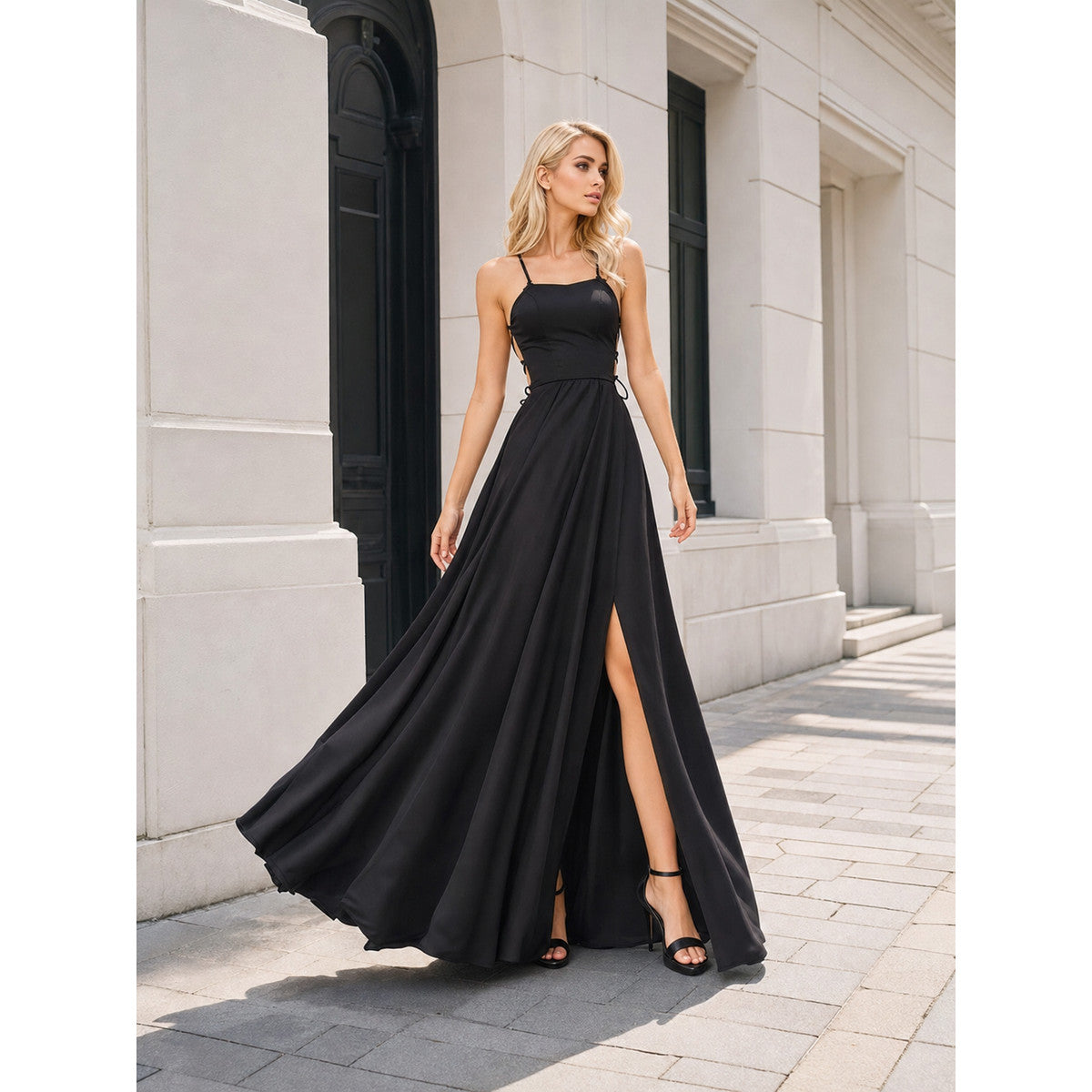 Women's Black Strappy Maxi Dress with Slit lifestyle