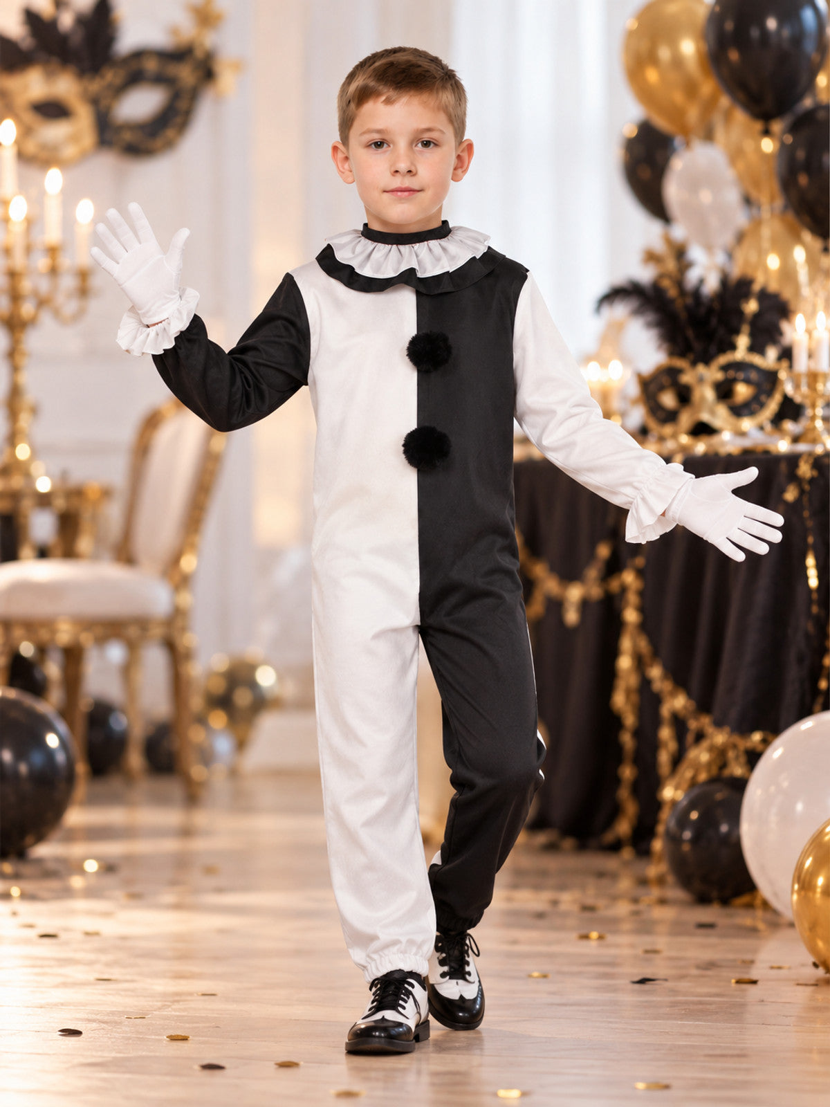 Black and White Clown Costume with Stand-Up Collar and Gloves