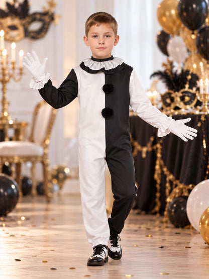 Black and White Clown Costume with Stand-Up Collar and Gloves