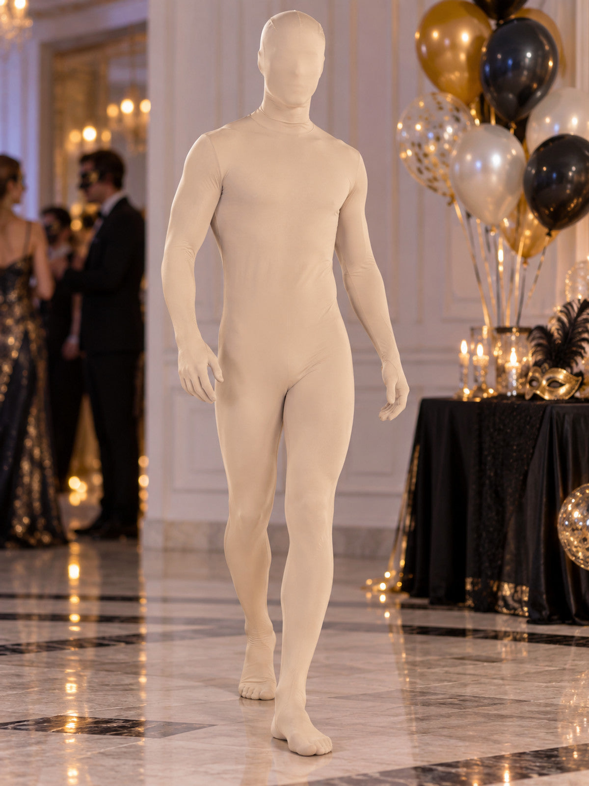 Flesh-toned skintight hooded jumpsuit lifestyle view