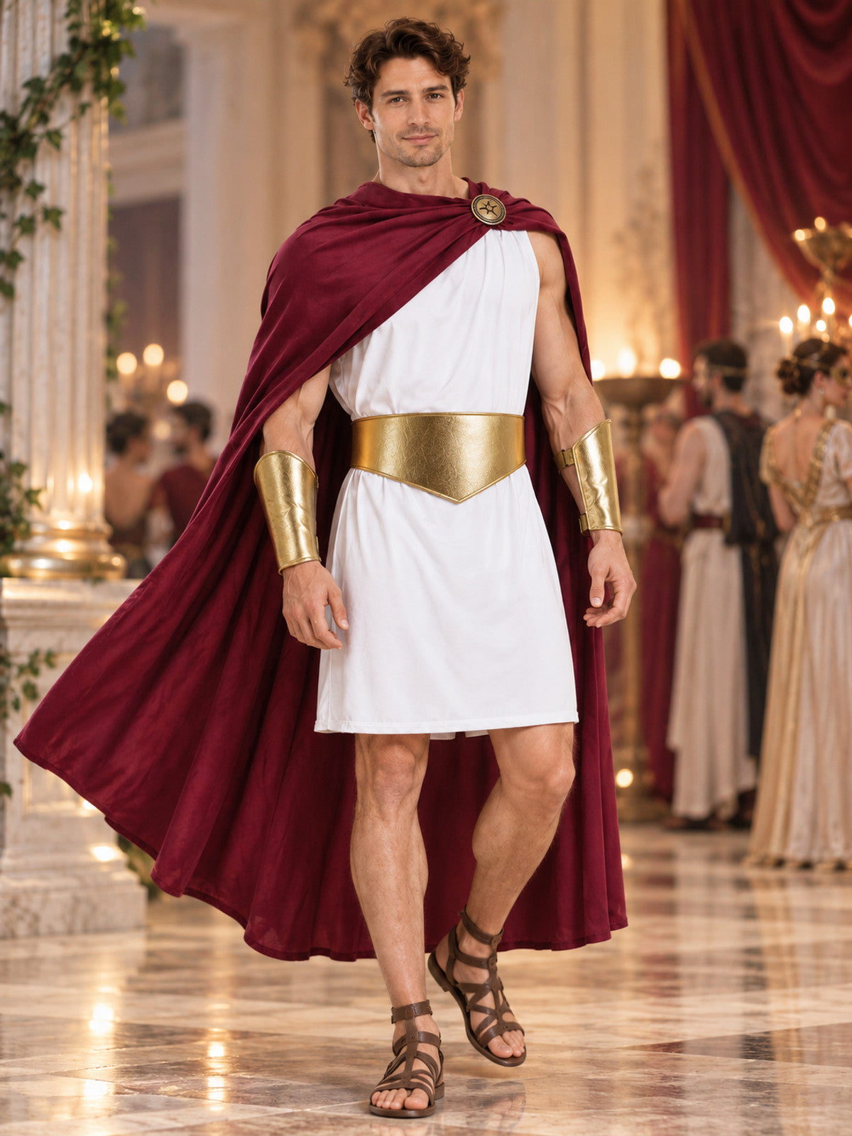 Ancient-style costume with a burgundy cloak and white tunic