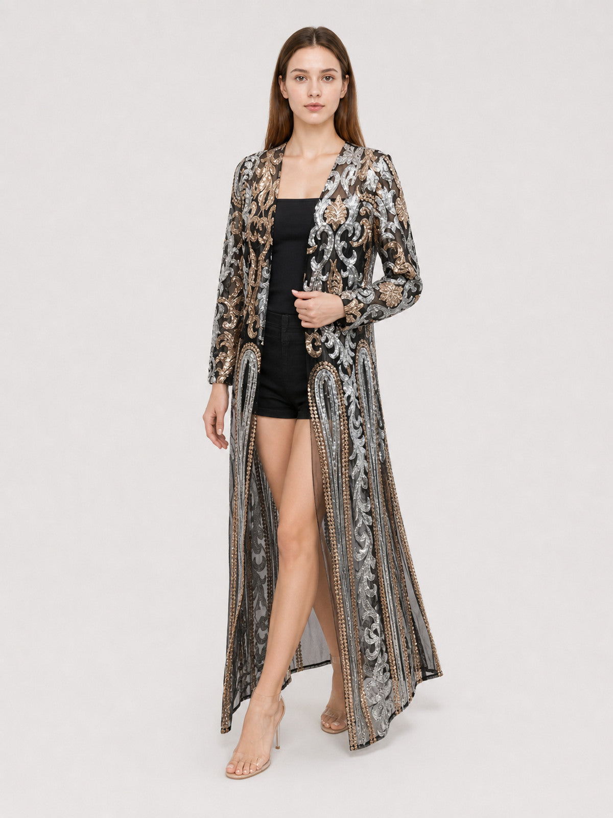 Long Cape with Baroque Sequin Embroidery