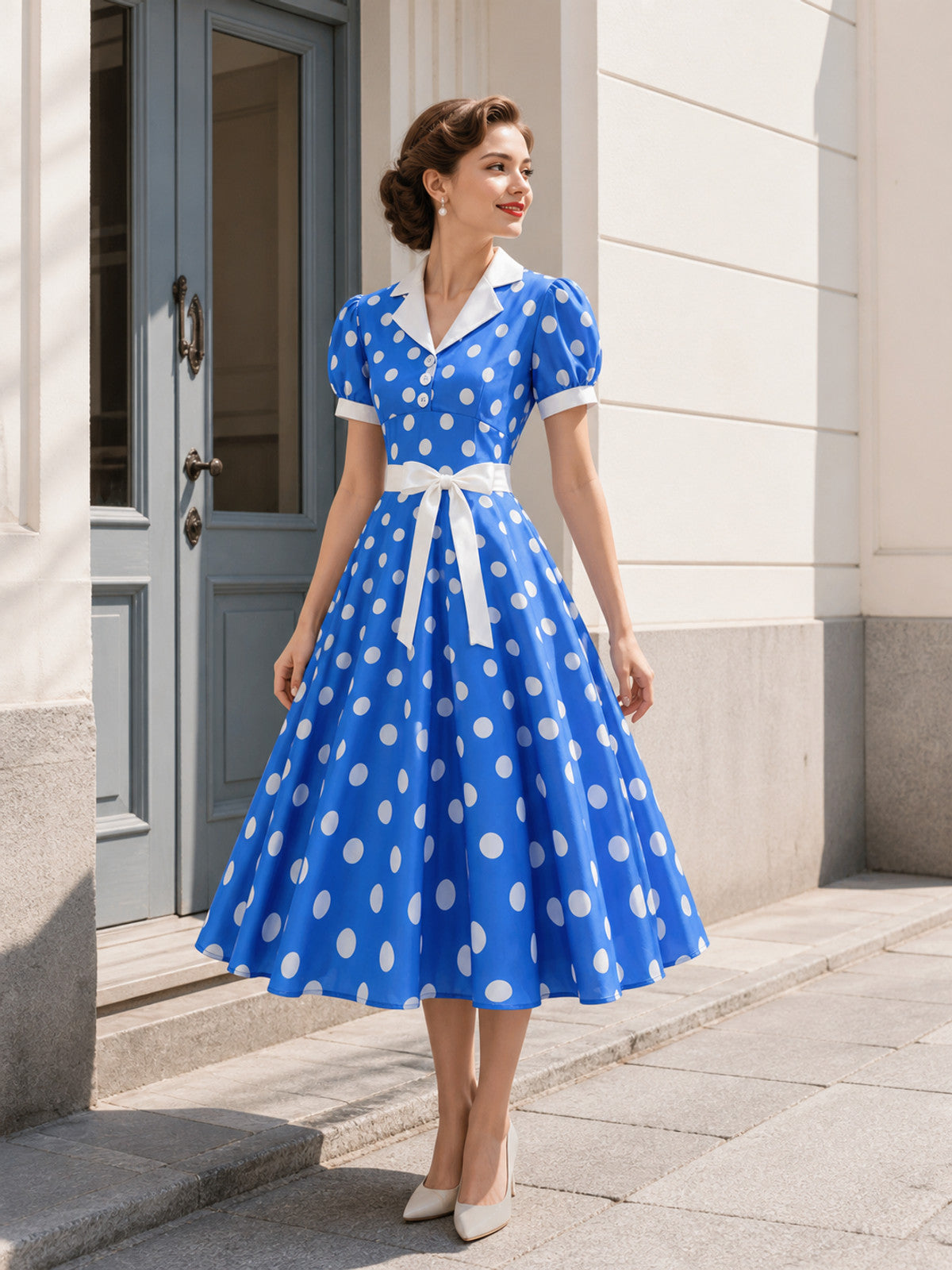 Polka-Dot Dress with a Turn-Down Collar and Bow