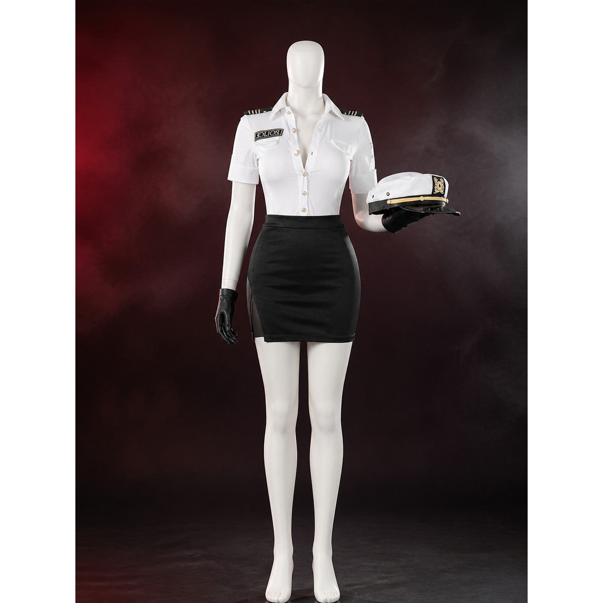 Police Officer Halloween Costume Set - White Top & Black Skirt with Badge, Gold main product view