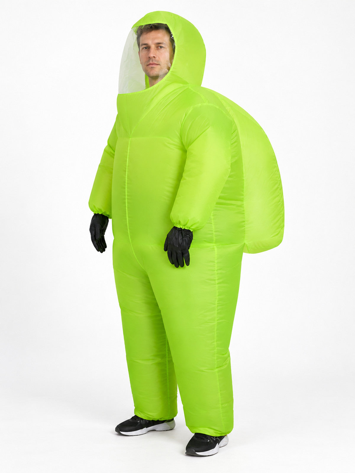 Bright green inflatable costume with hood and clear window