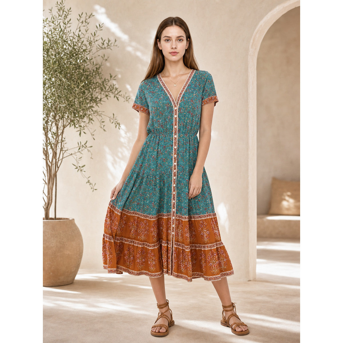 Printed Midi Dress with Short Sleeves lifestyle view