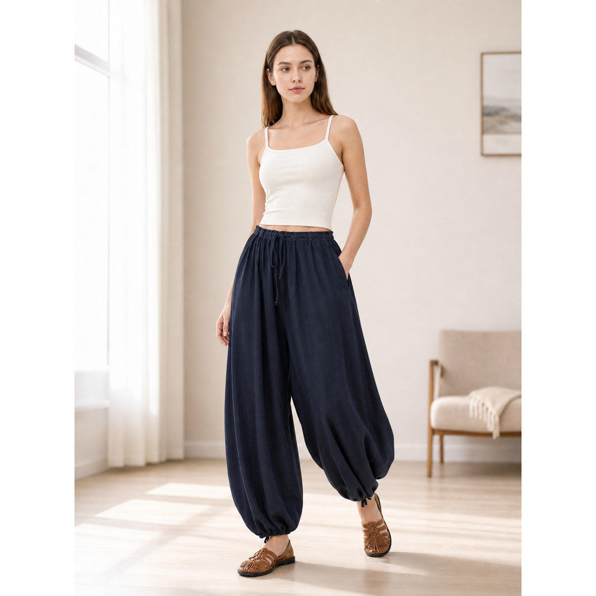 Dark Blue High-Waisted Wide-Leg Pants with Drawstring Hems