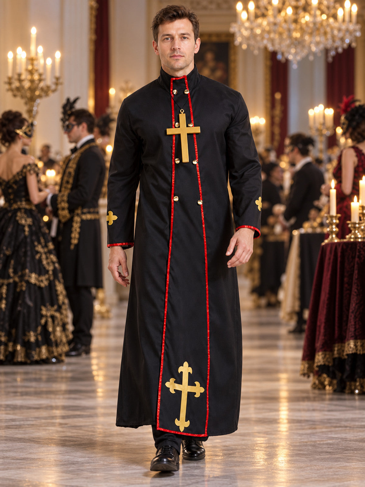 Long Cassock with Red Trim and Gold-Tone Crosses lifestyle view