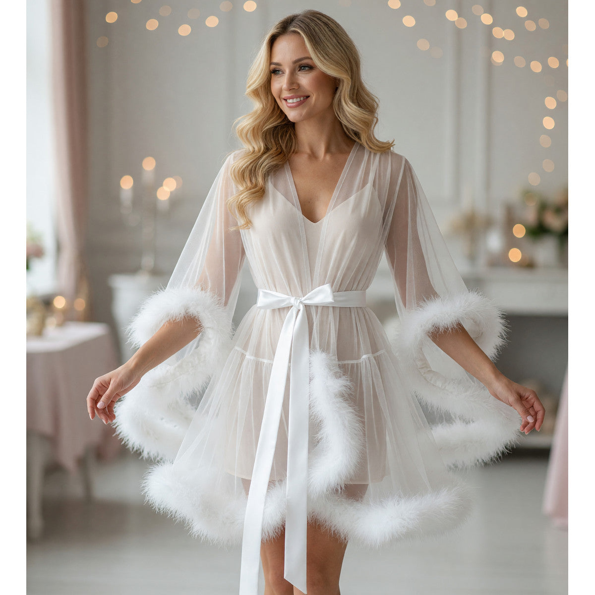 White Semi-Transparent Cape with Ties and Fluffy Trim