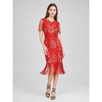 Retro-Style Cocktail Dress with Sequins and Fringe Costume Dresses detail