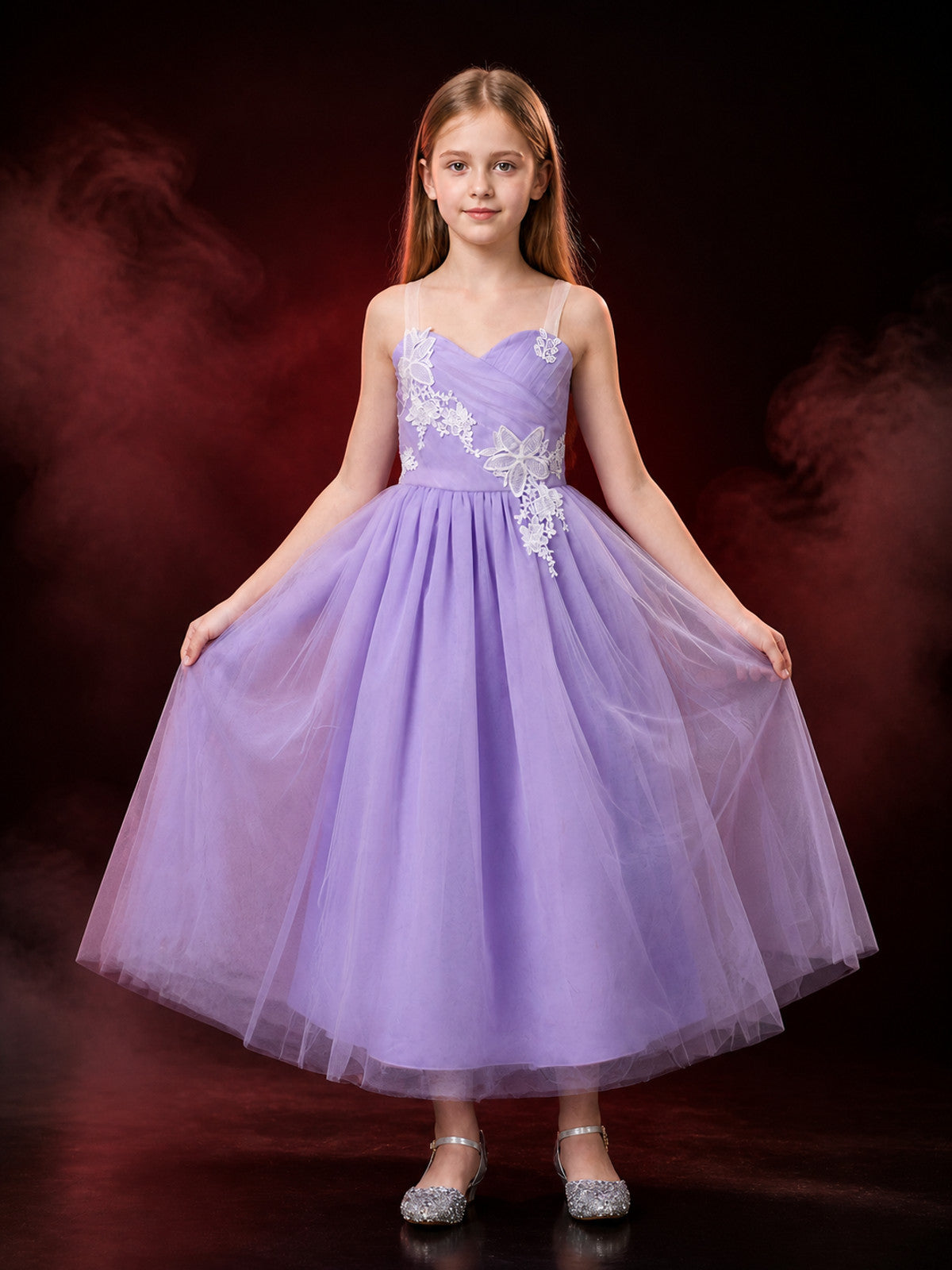 Girls' Light Purple Princess Dress, Layered Tulle Lace Bow Formal Gown main product view