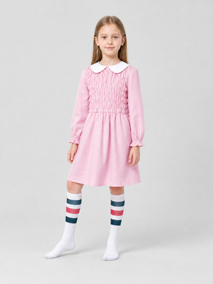 Children's Pink Dress with Collar and Striped Leg Warmers
