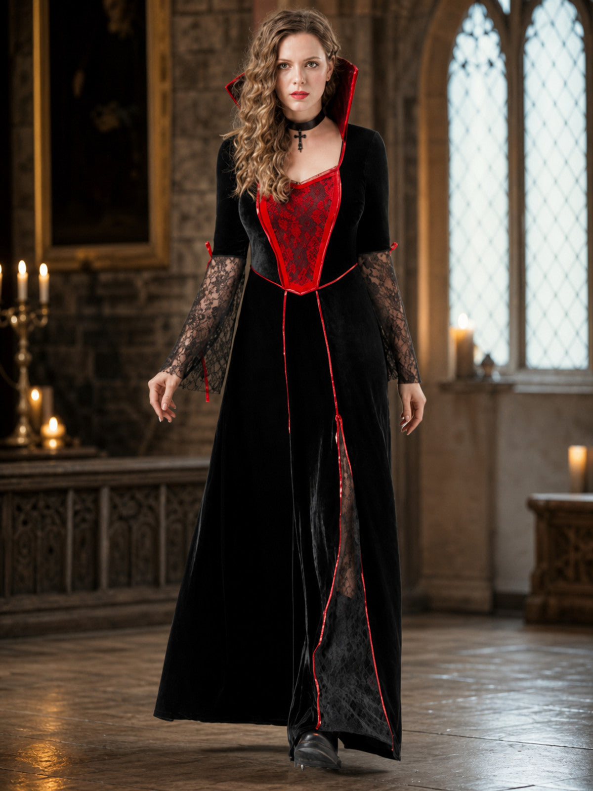Gothic Costume Dress with Red Trim and Collar lifestyle view 2