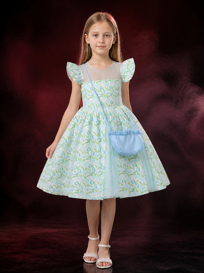 Girls' Blue Floral Princess Dress With Layered Tulle Skirt And Flutter Sleeves main product view