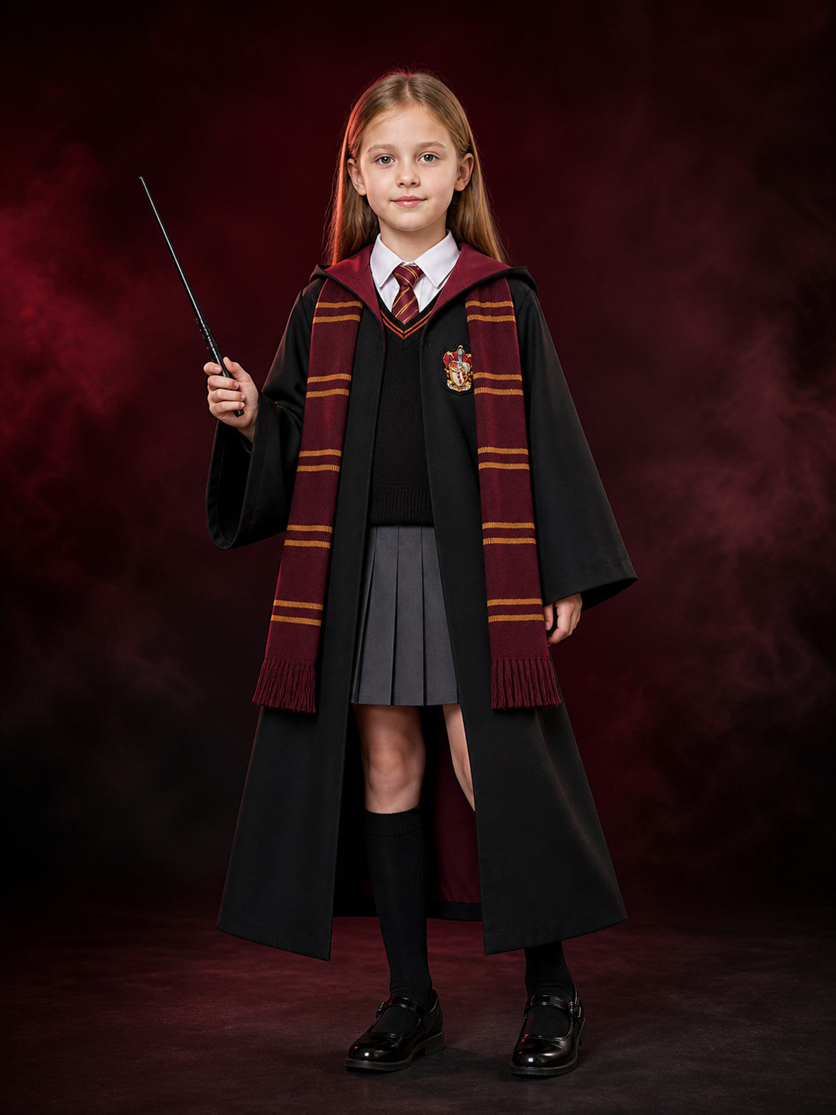 Kids Wizard Robe Costume Set, Hooded Cloak With Tie, Scarf, Wand, Shirt, Skirt