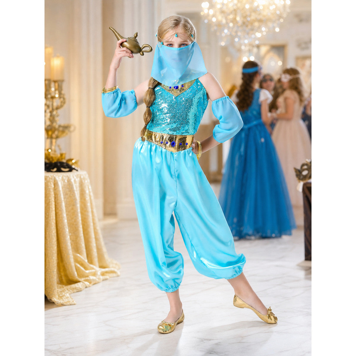 The princess costume is designed in an Arabic style and includes a light blue lifestyle view