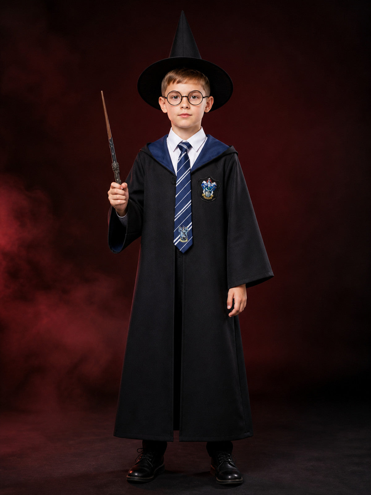 Wizard Costume Set With Hooded Robe, Pointed Hat, Wand, Tie And Glasses