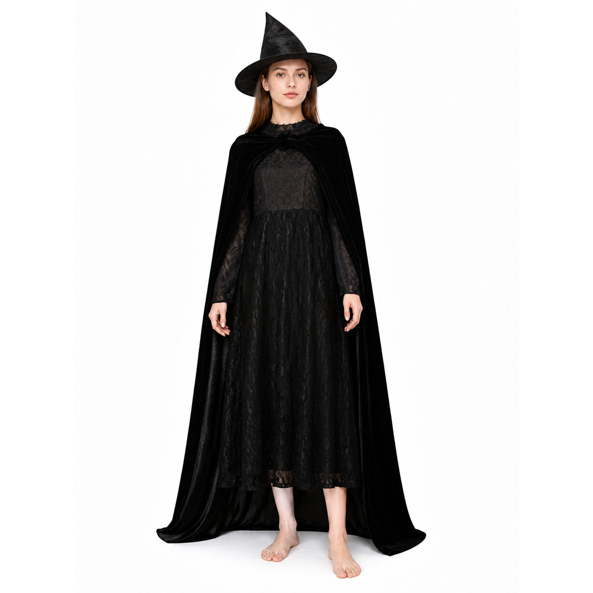 Black Witch Costume with Dress, Hat, and Cape lifestyle
