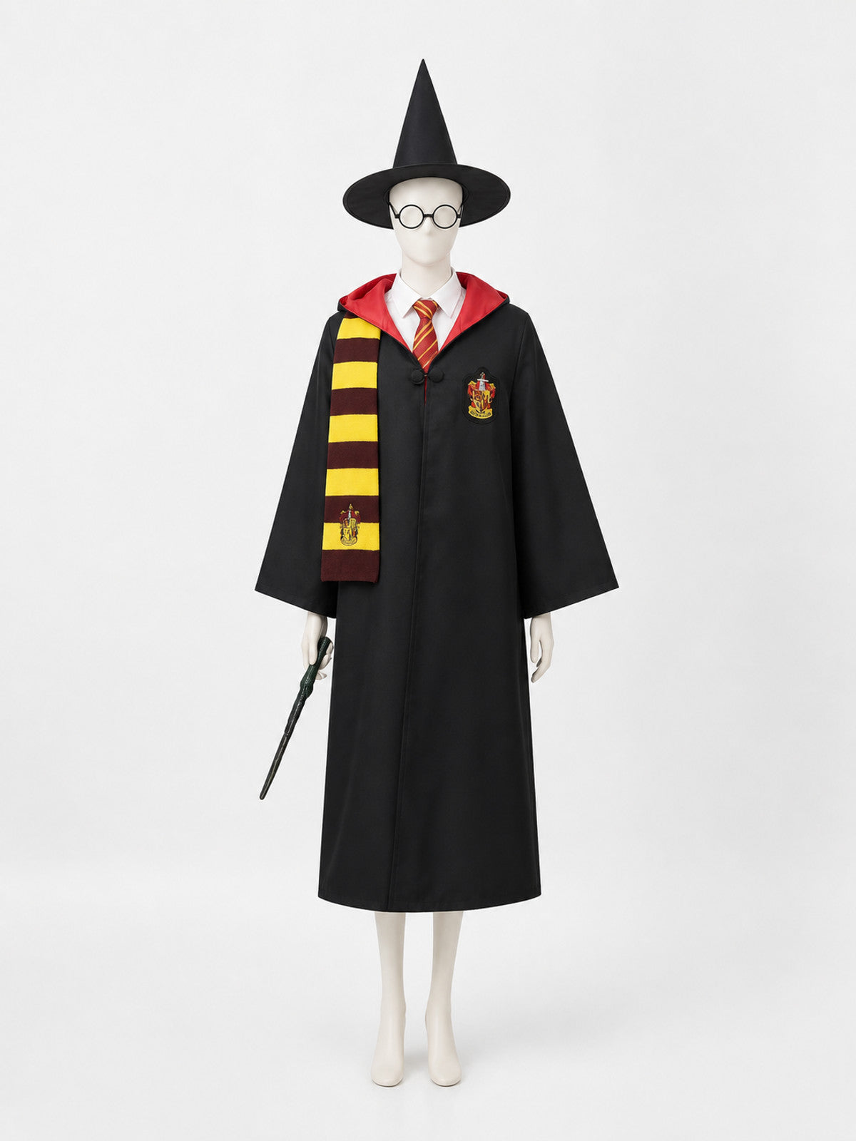 Wizard Costume Set with Robe, Hat, Scarf, Glasses, Wand, Shirt and Tie