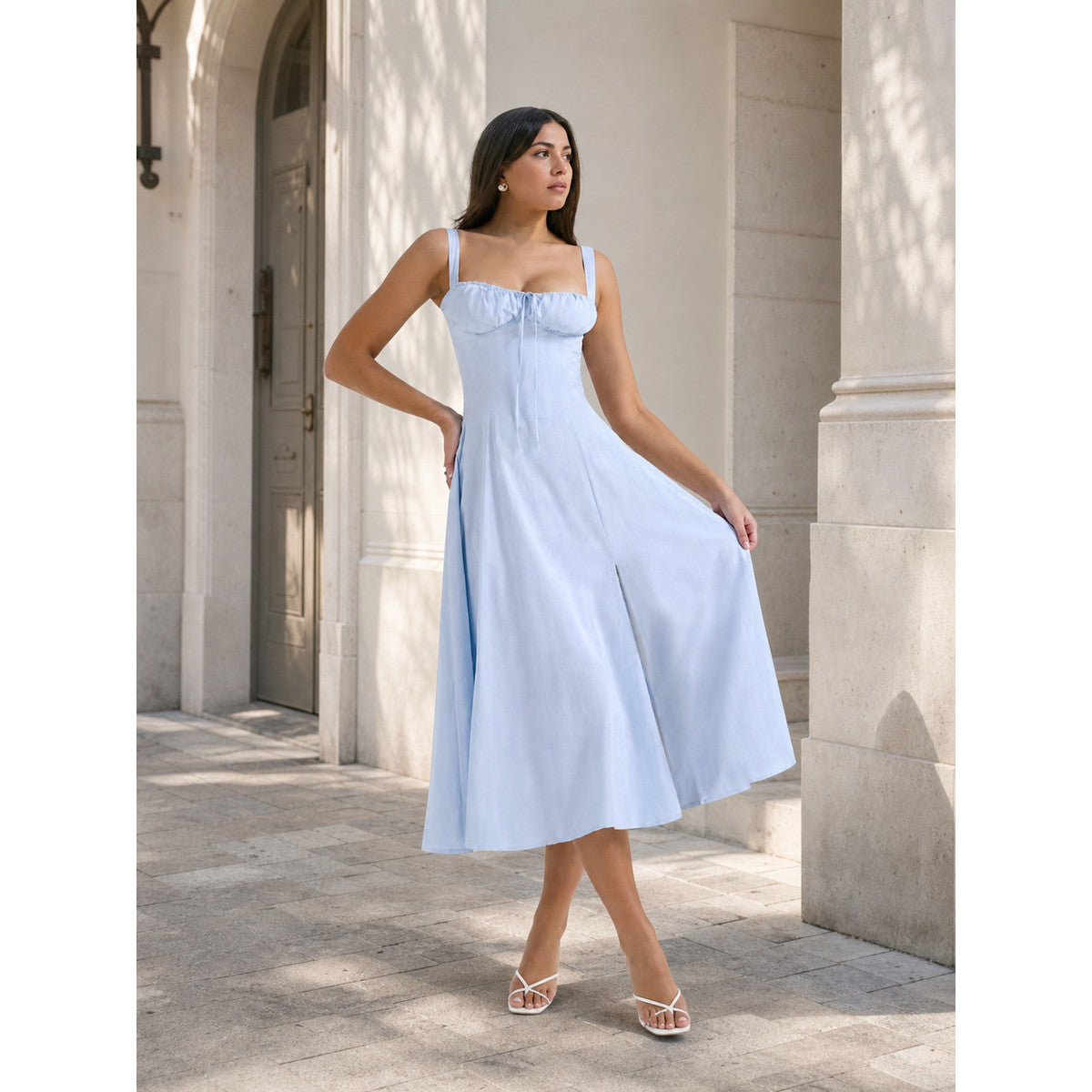 Women's light blue midi dress with a square neckline