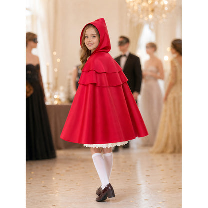 Red Hooded Cape with Three Tiers of Ruffles