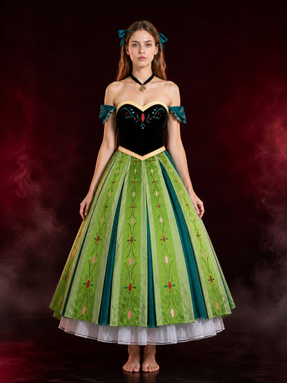 Adult Anna Cosplay Costume Set, Embroidered Green Vest And Skirt With Necklace