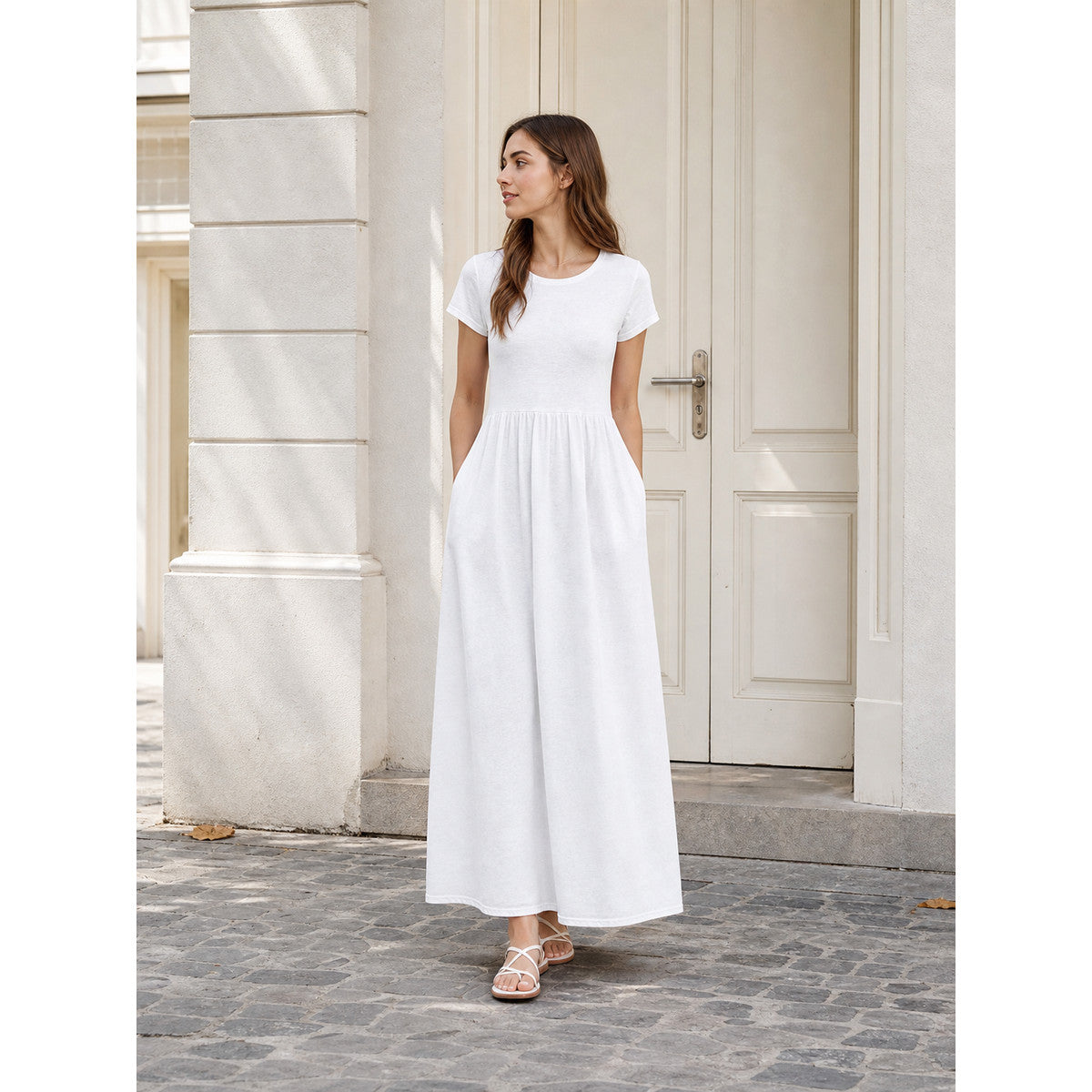 Women's White Long Dress with Short Sleeves