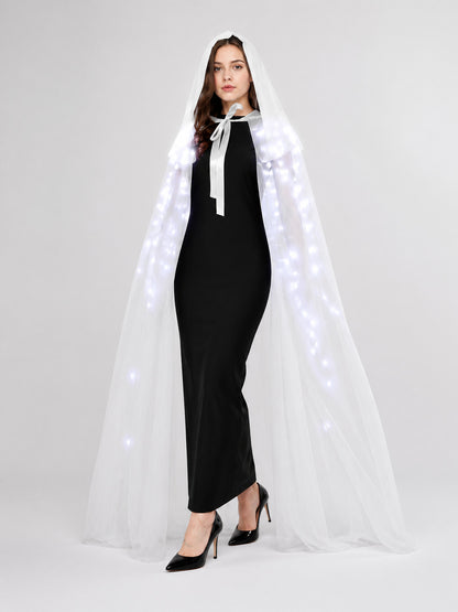 White sheer hooded cape with glowing lights and front tie, shown full-body on a model over a black dress