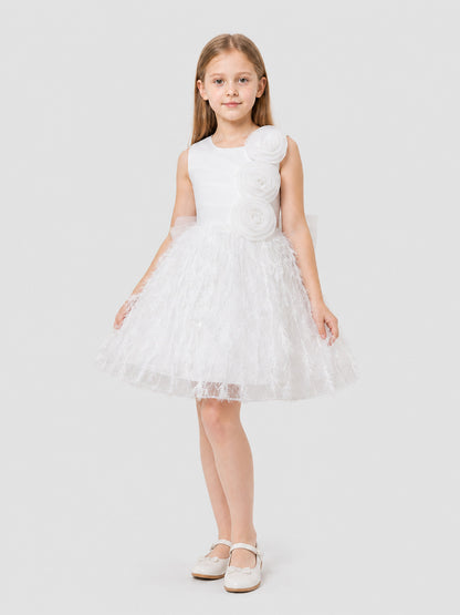 White Formal Dress with a Full Tulle Skirt and Roses