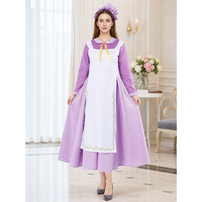 Purple dress costume with apron and bonnet lifestyle view