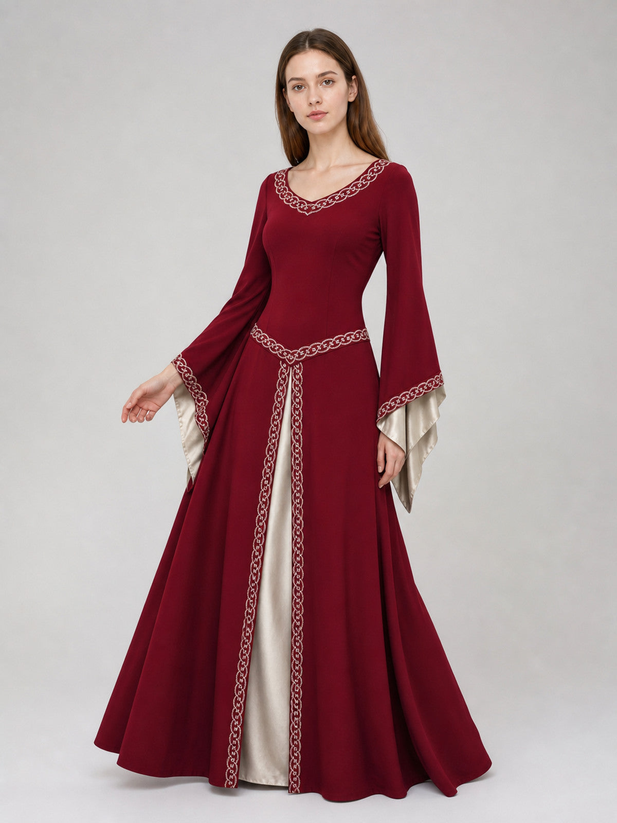 Floor-Length Dress with Long Sleeves and Decorative Trim