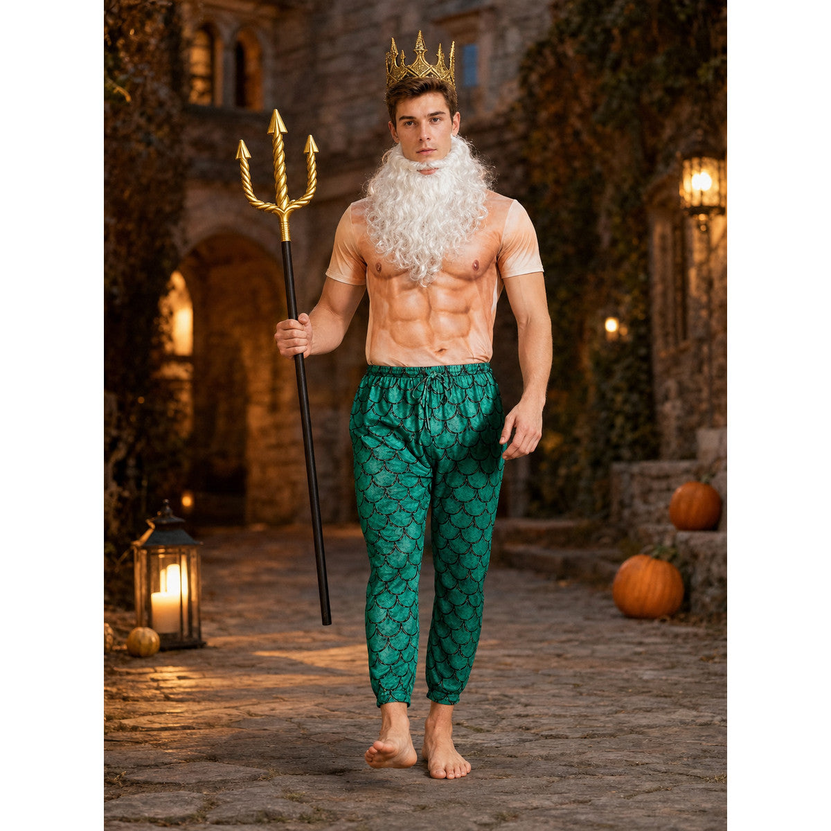 Adult Sea King Fantasy Costume Set XXXL, Short Sleeve Muscle Print Top, Green Scale Pattern Pants, Crown, Beard And Trident
