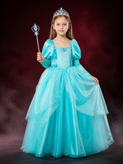 Girls Ariel Princess Costume Dress with Crown and Wand, Layered Tulle Sea Green