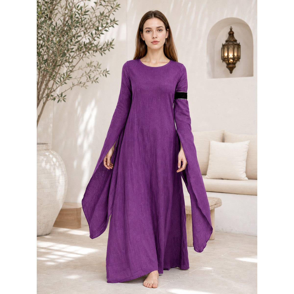 Purple Floor-Length Dress with Long Sleeves
