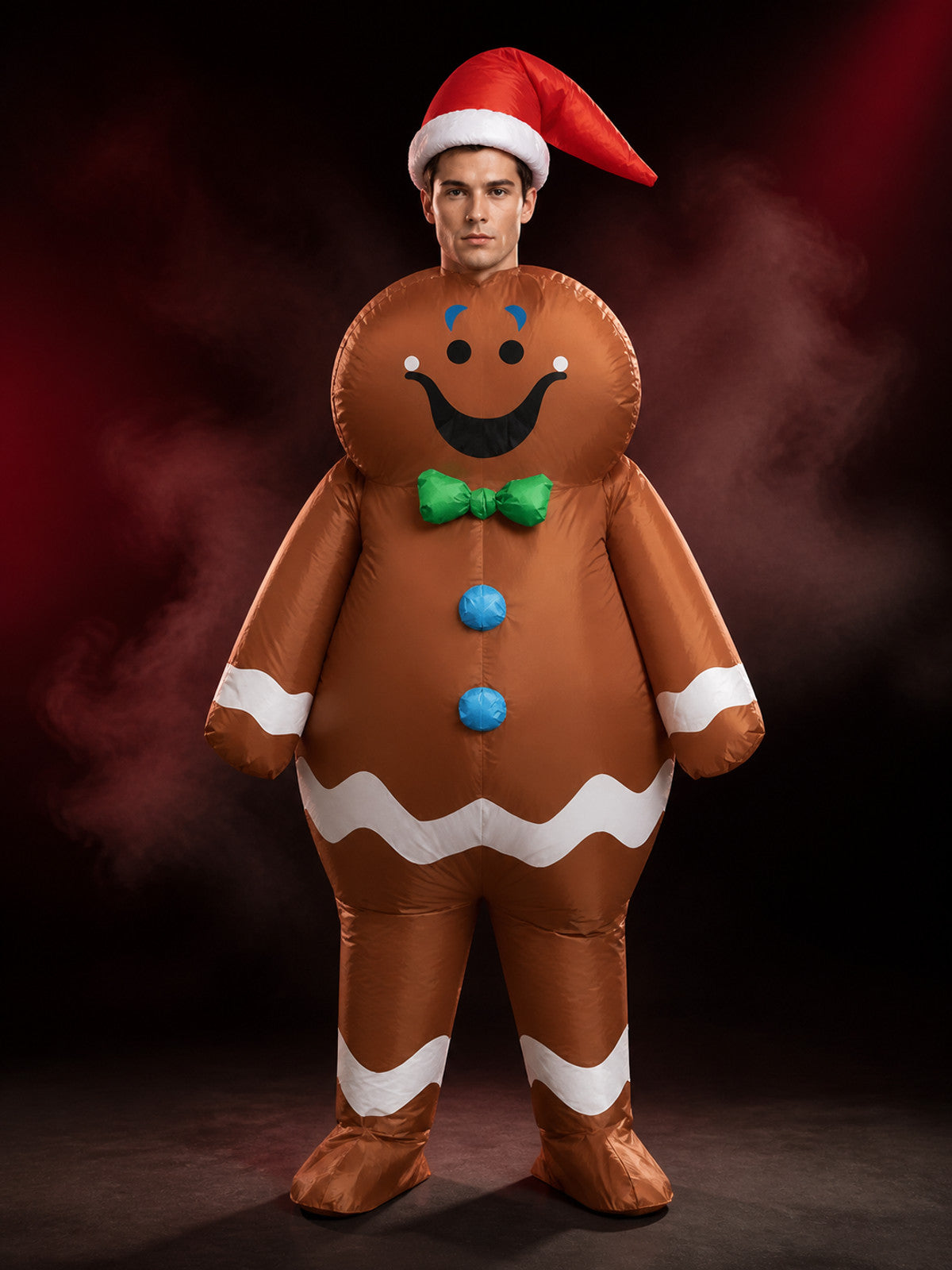 Adult Inflatable Gingerbread Man Costume with Santa Hat and Bow Tie, Funny