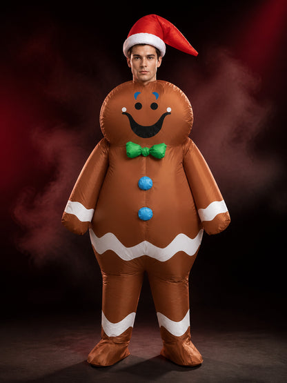 Adult Inflatable Gingerbread Man Costume with Santa Hat and Bow Tie, Funny