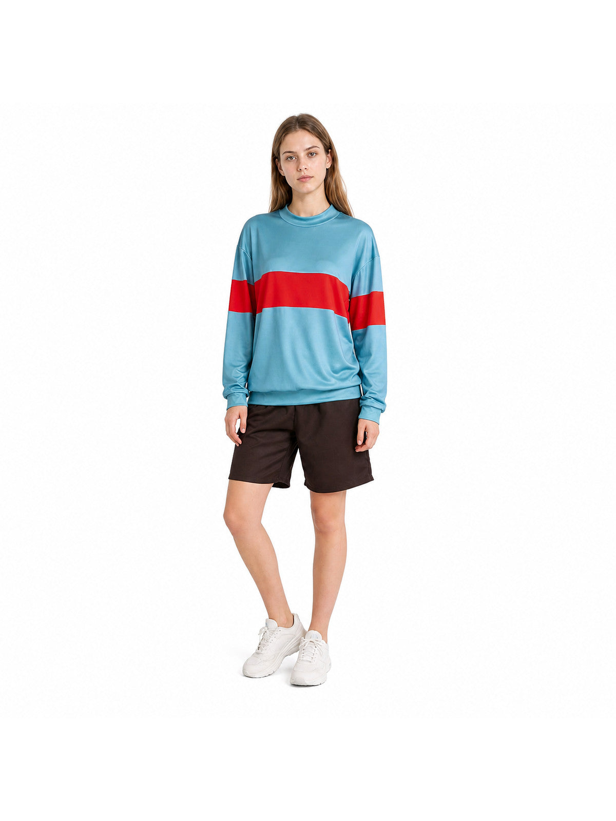 Cosplay costume with a light blue sweatshirt and shorts