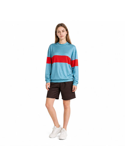 Cosplay costume with a light blue sweatshirt and shorts
