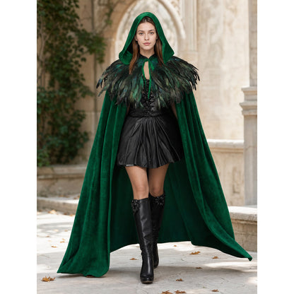 Green Hooded Velvet Feather Cape lifestyle