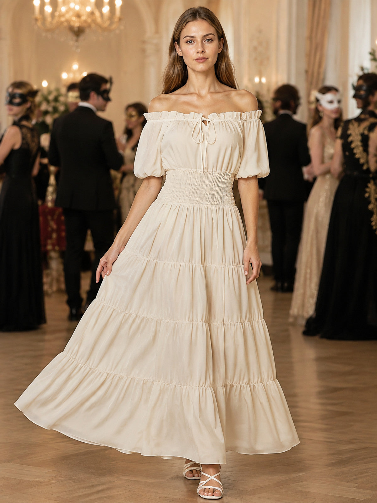 Beige Off-the-Shoulder Floor-Length Dress lifestyle view
