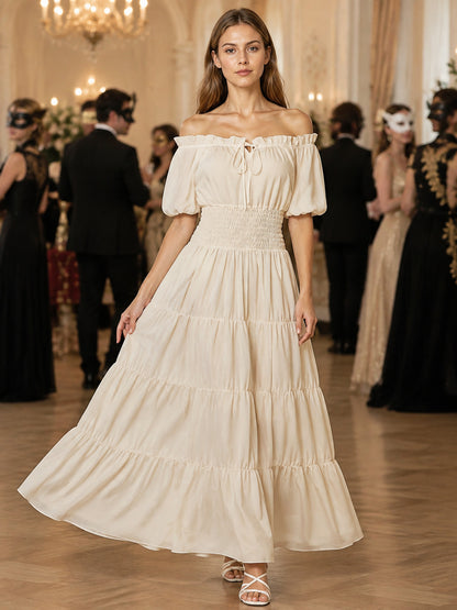 Beige Off-the-Shoulder Floor-Length Dress lifestyle view